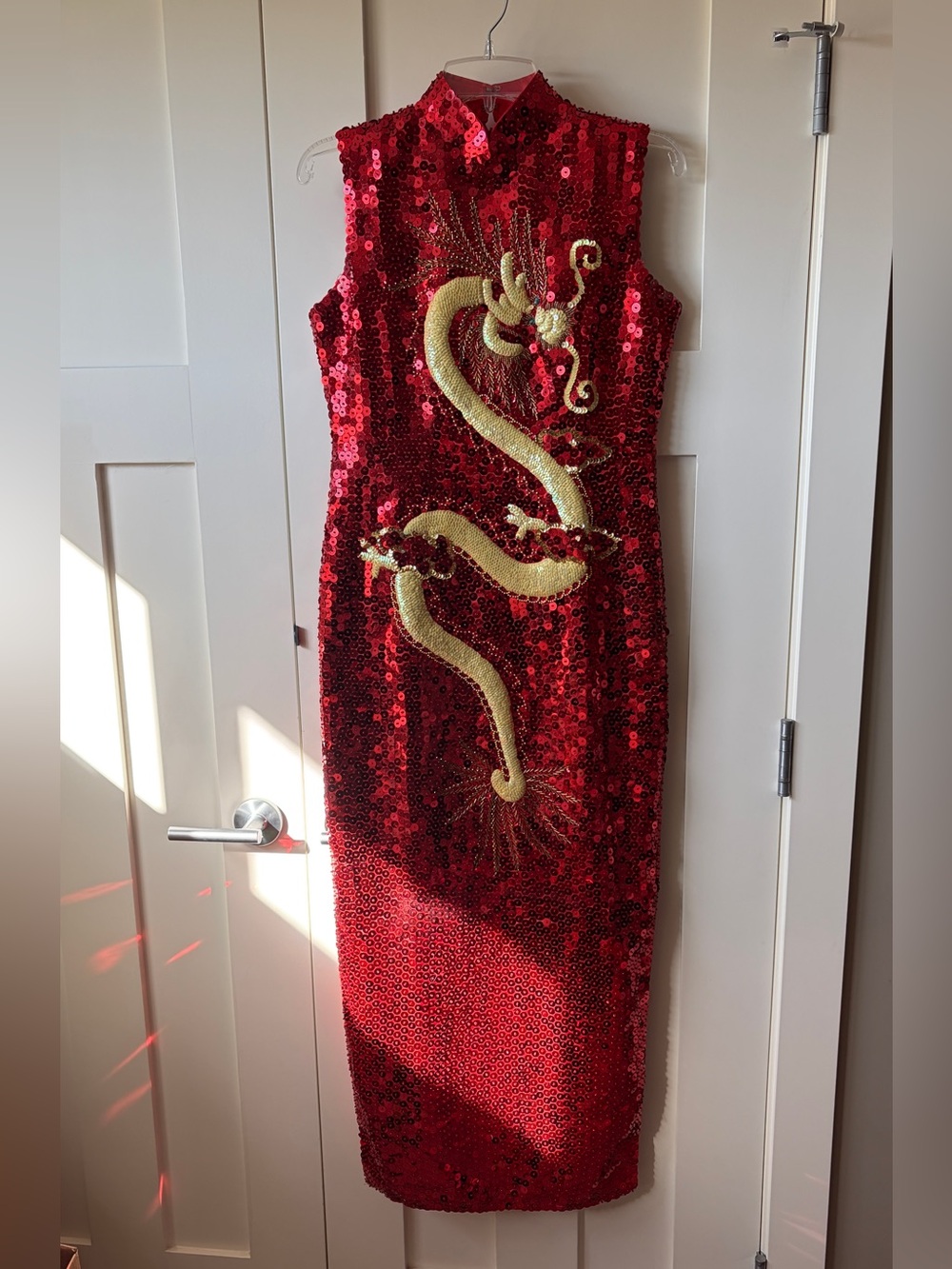 💯 Silk Red Sequin Chinese Cheongsam Dress with Gold Dragon Embroidery